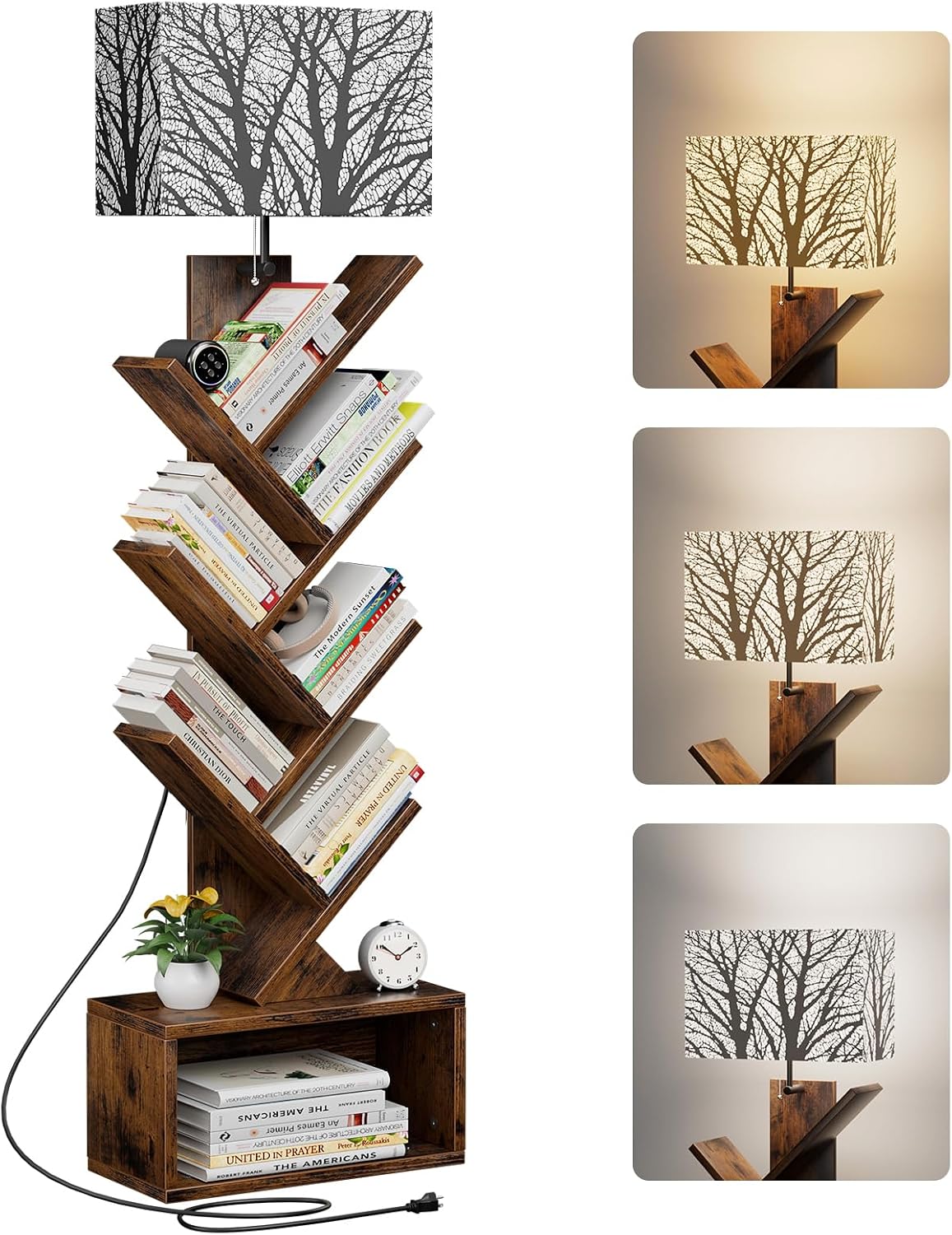 Evermagin 6 Tier Tree Bookshelf with Light, Bookcase, Branch Pattern
