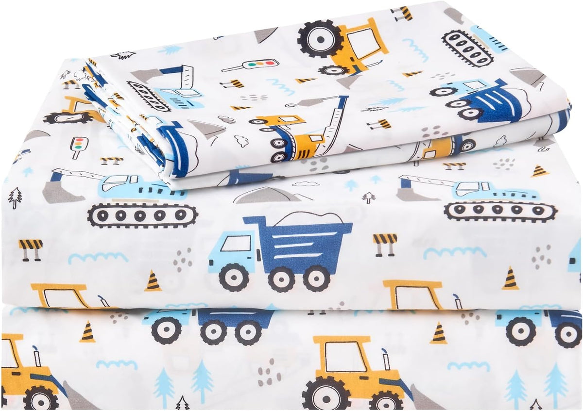 lasoftan Kids Sheet Set Twin Size 3 Pcs, Boys Sheet Set with Blue Excavator Car Pattern，Kids Boys Twin Fitted Sheet，Breathable & Silky Soft Microfiber Fitted Sheet