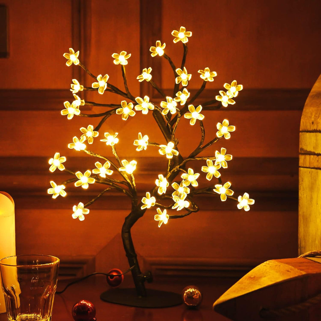 Cherry Blossom Tree Light,17inch 40LED Lighted Tabletop Artificial Flower Bonsai Tree Lamp USB Powered Gifts for Home Decor Room Office Party Wedding Christmas Decorations(Warm White)