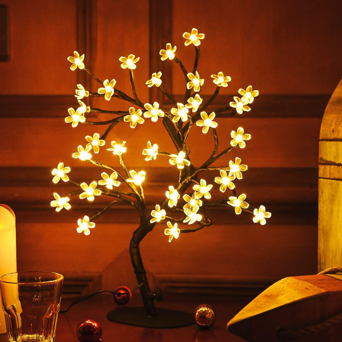 Cherry Blossom Tree Light,17inch 40LED Lighted Tabletop Artificial Flower Bonsai Tree Lamp USB Powered Gifts for Home Decor Room Office Party Wedding Christmas Decorations(Warm White)