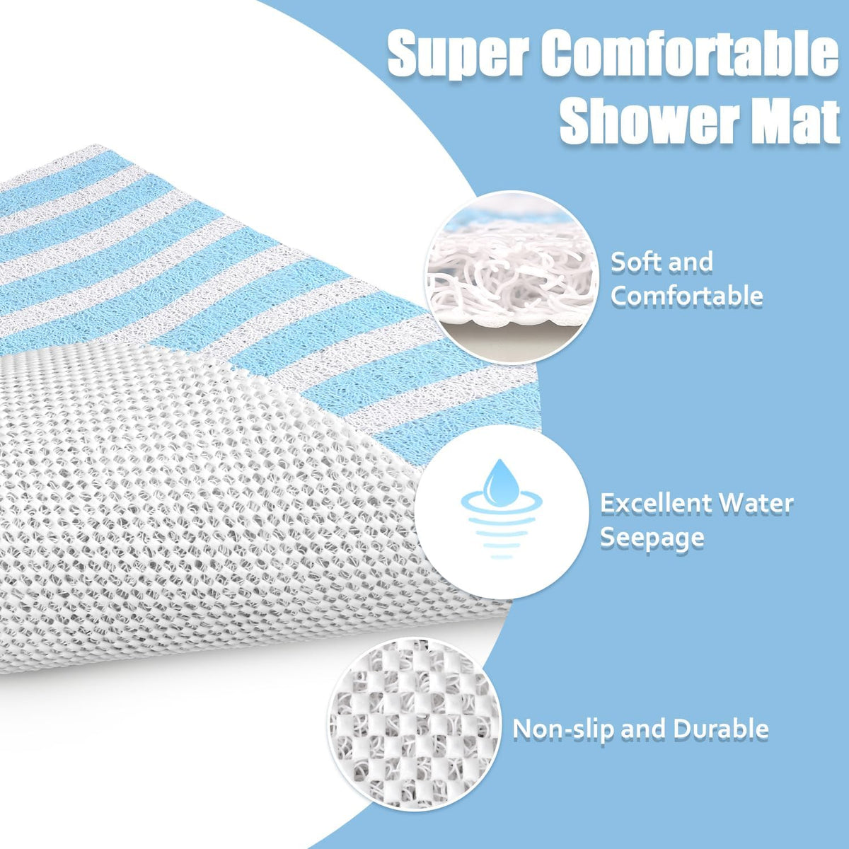 Non Slip Shower Mat, 24x24 Inch, Soft Comfortable Shower Floor Mat with Drain, PVC Loofah Bath Mat for Shower, Bathroom and Wet Areas, Quick Drying Easy Cleaning