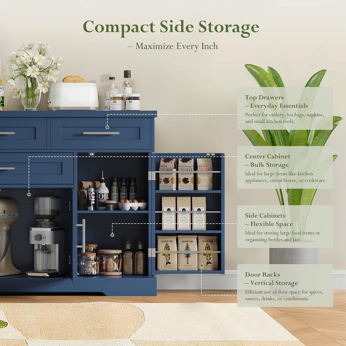 Concho 54" Sideboard Cabinet, Kitchen Buffet Cabinet with Storage, Blue