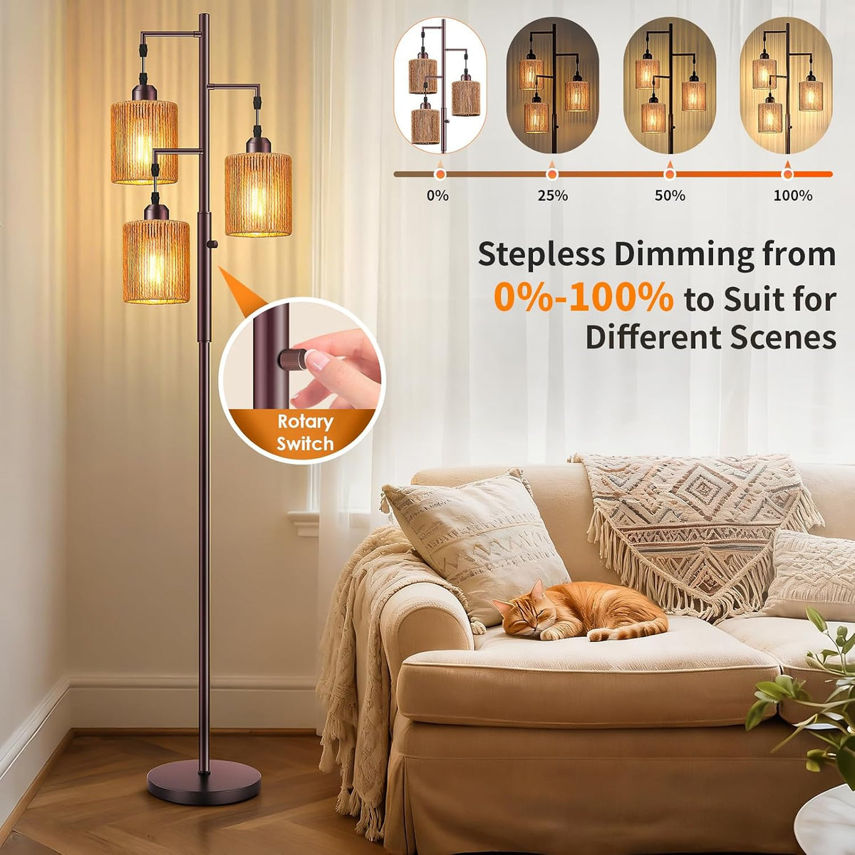 Hotsonic 72" Boho Rattan Tree Floor Lamp, Tall Dimmable Industrial Standing Lamp, Corner Decor Accent Lighting for Living Room, Bedroom, Dining Room, Nursery, Cafe (3 x 800LM Bulbs Included) - Brown