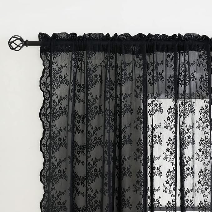 YJ YANJUN Vintage Lace Curtains 63 Inch Length-Victorian Floral Pattern Black - Image 3