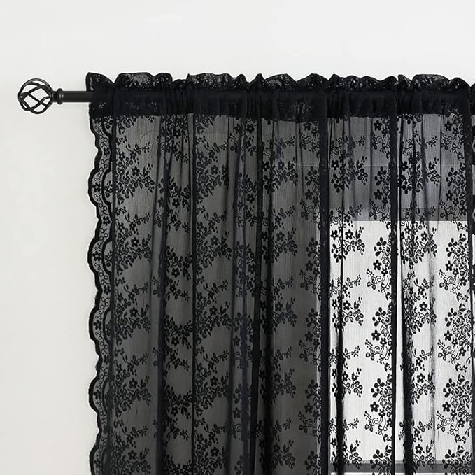 YJ YANJUN Vintage Lace Curtains 84 Inches Long-Victorian Floral Pattern Black - Image 4