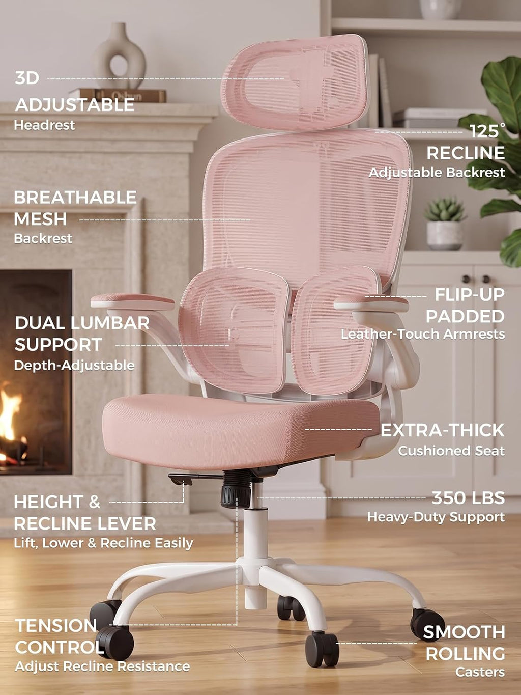 Ergonomic Office Desk Chair, Adjustable Dual Lumbar Support & Thick Seat