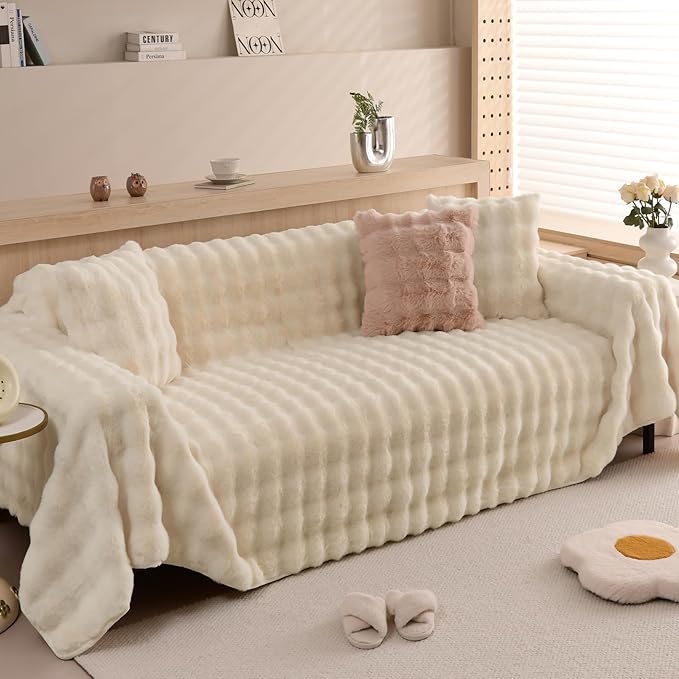 HANDONTIME Shaggy Couch Cover for Dogs Rabbit Plush Loveseat Cover Dog Couch by HANDONTIME