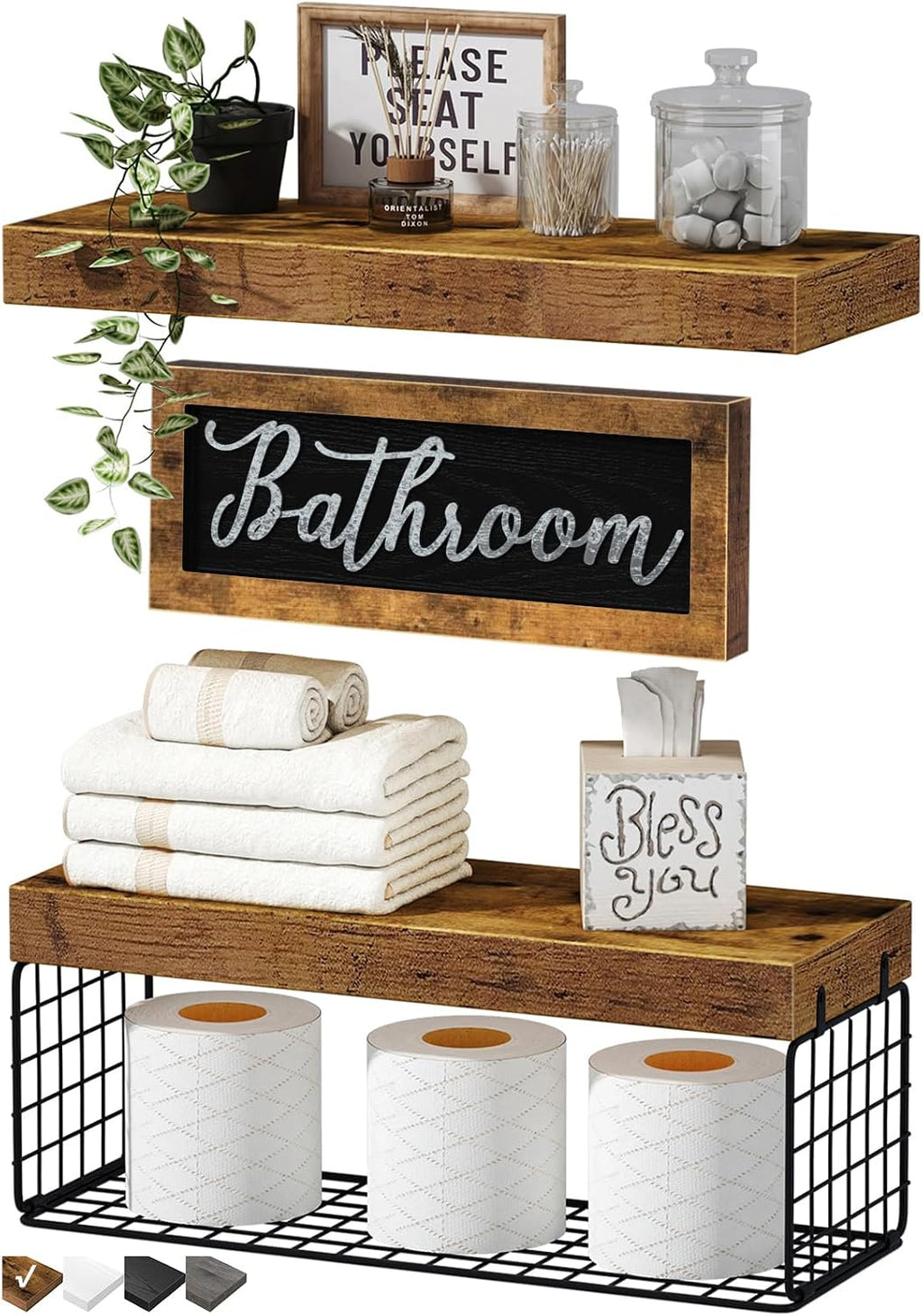 QEEIG ‎Bathroom Shelves with Decor Sign (Brown, 15.7")