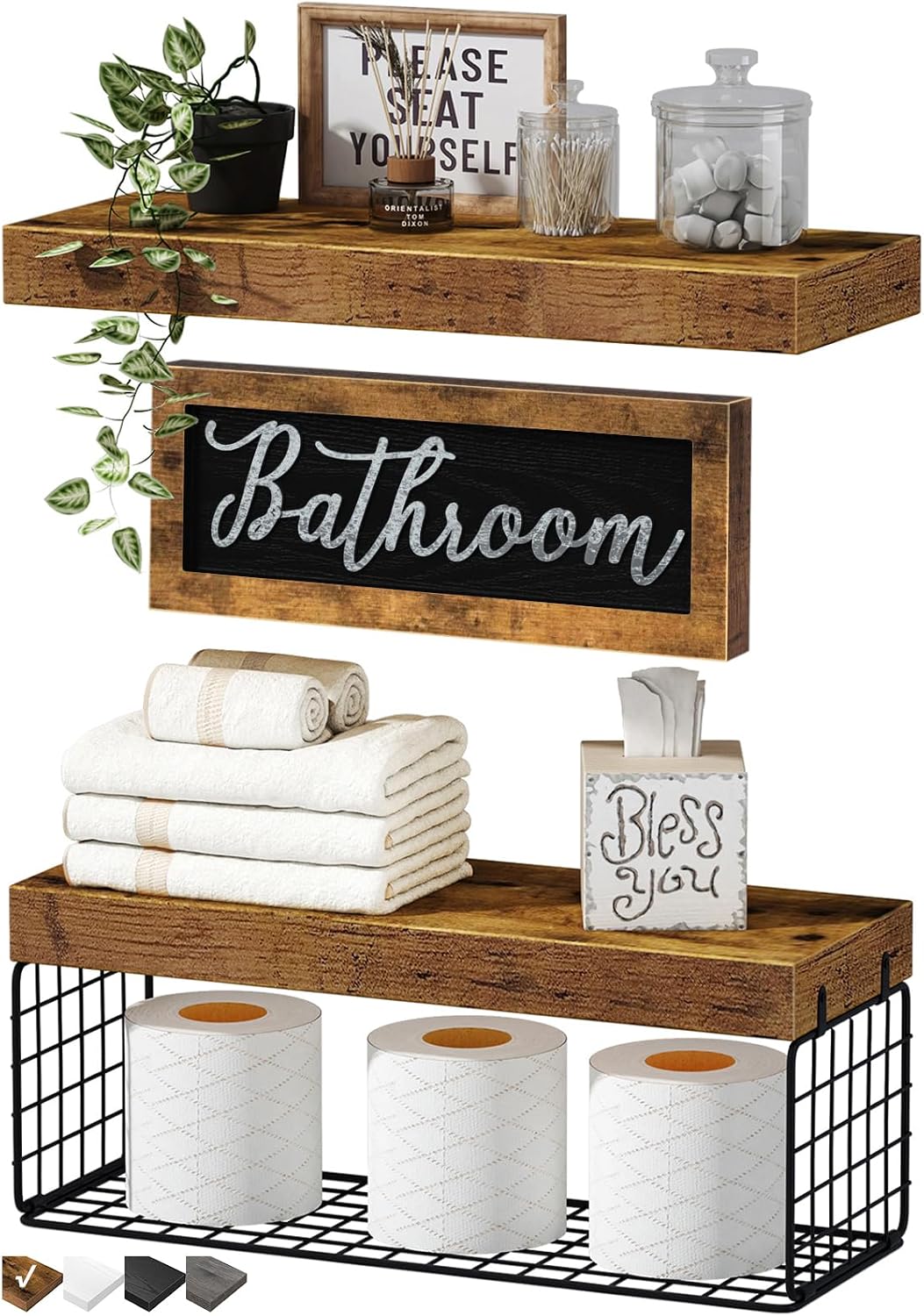 QEEIG ‎Bathroom Shelves with Decor Sign (Brown, 15.7")