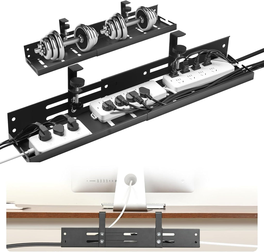 No Drill Under Desk Cable Management Tray, 17”-30” Retractable Cord Organizer for Table, Clamp Mount Wire Basket, Power Strip Holder & Metal Cord Organizer for Office, Home，Black