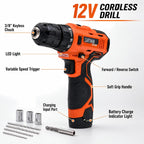 CARTMAN 260-Piece Tool Set With 12V Cordless Drill, Orange Drawer Tool Box