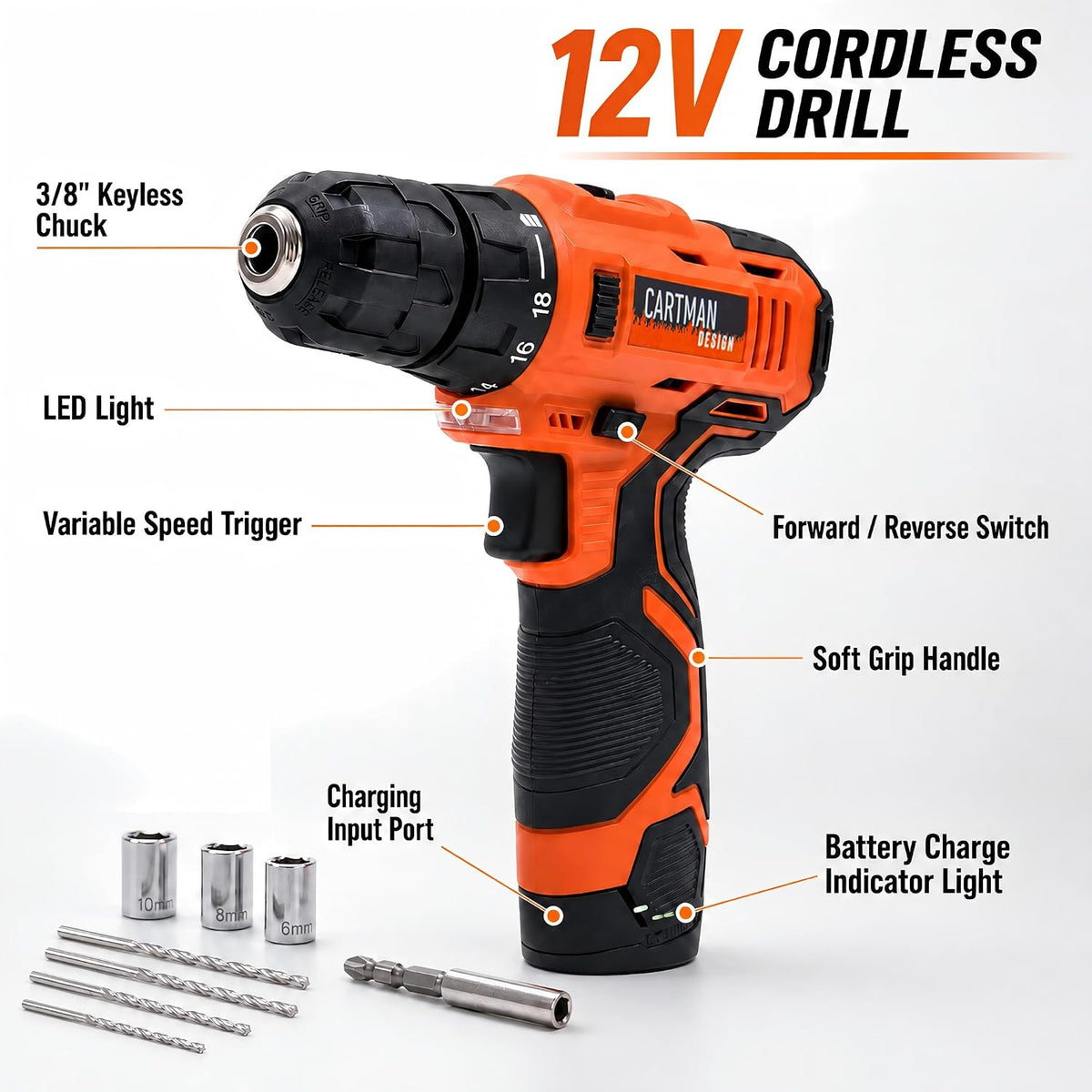 CARTMAN 260-Piece Tool Set With 12V Cordless Drill, Orange Drawer Tool Box
