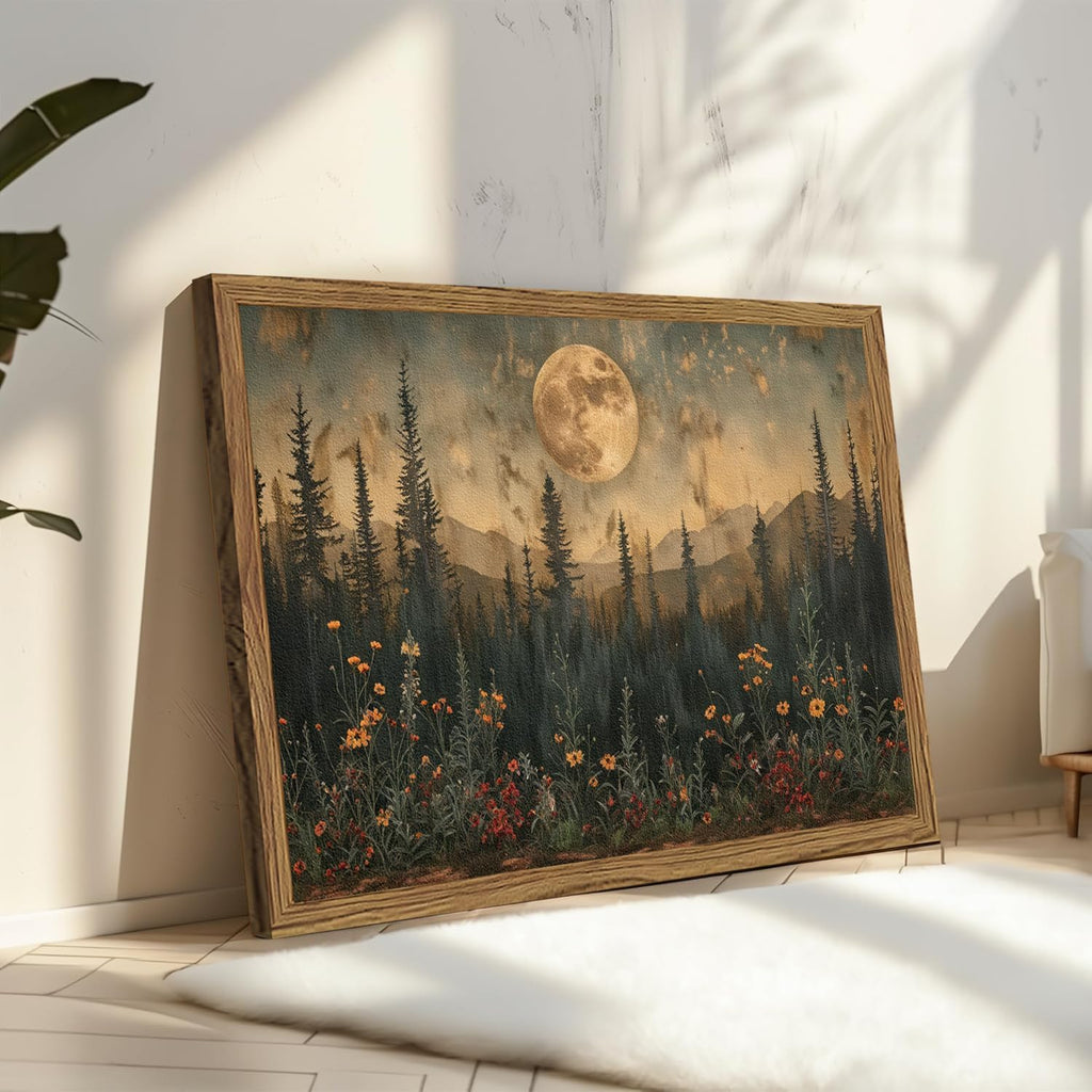 Vintage Nature Forest Wall Art Dark Moon Landscape Painting Wall Decor Woodland Picture Artwork 3D Textured Hand Drawn Sandstone for Farmhouse Bedroom Living Room 12x16 inch Wood Framed