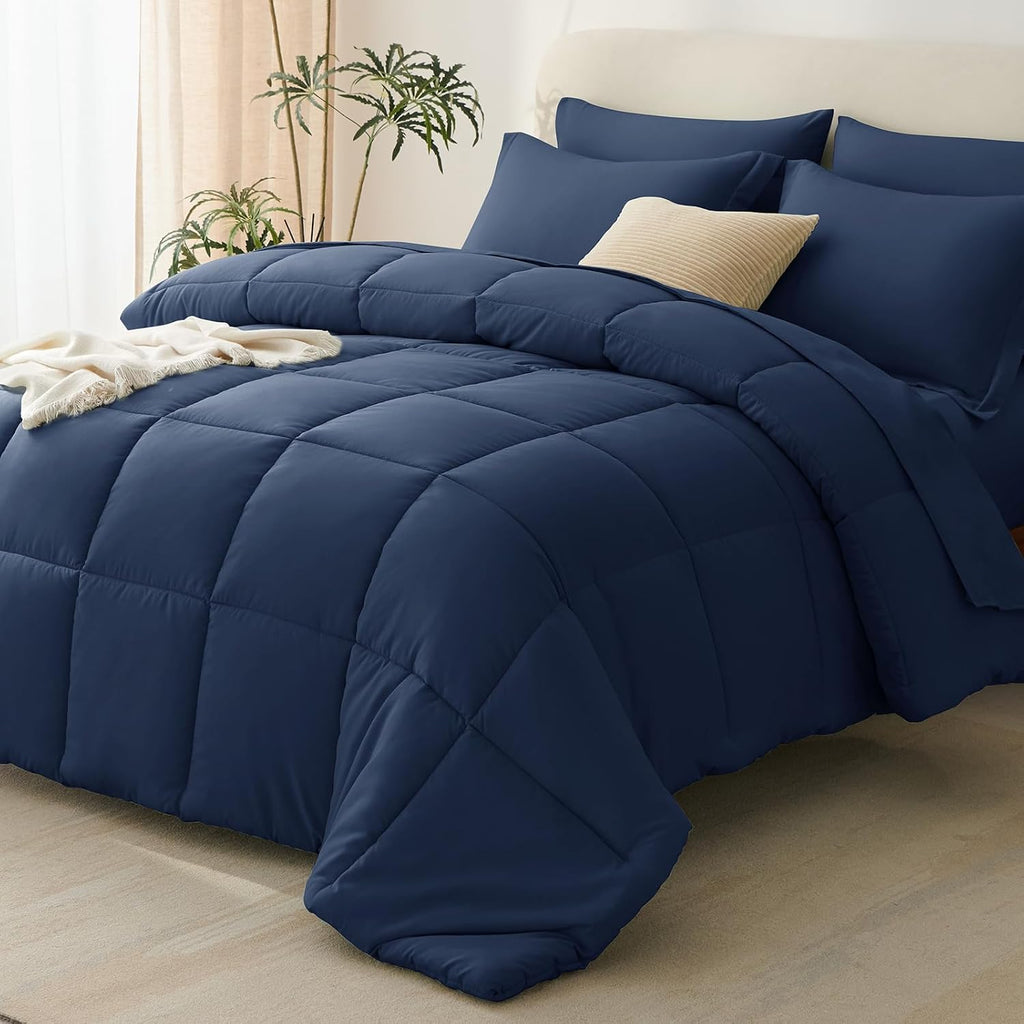 CozyLux Full Size Comforter Sets, 7-Piece Bed in a Bag, Navy Blue