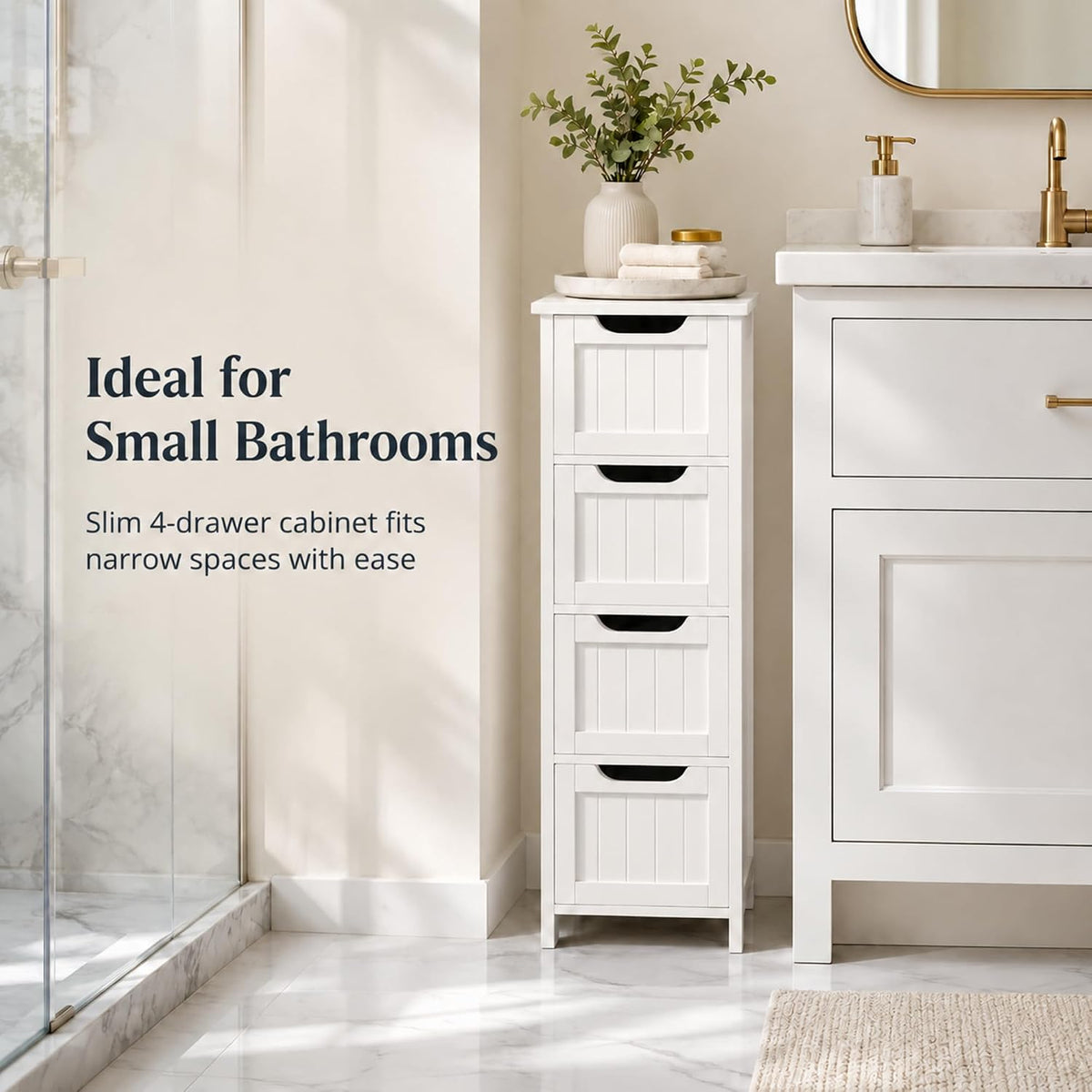 Yaheetech Bathroom Storage Cabinet, 12" W Slim 4-Drawer Design, White