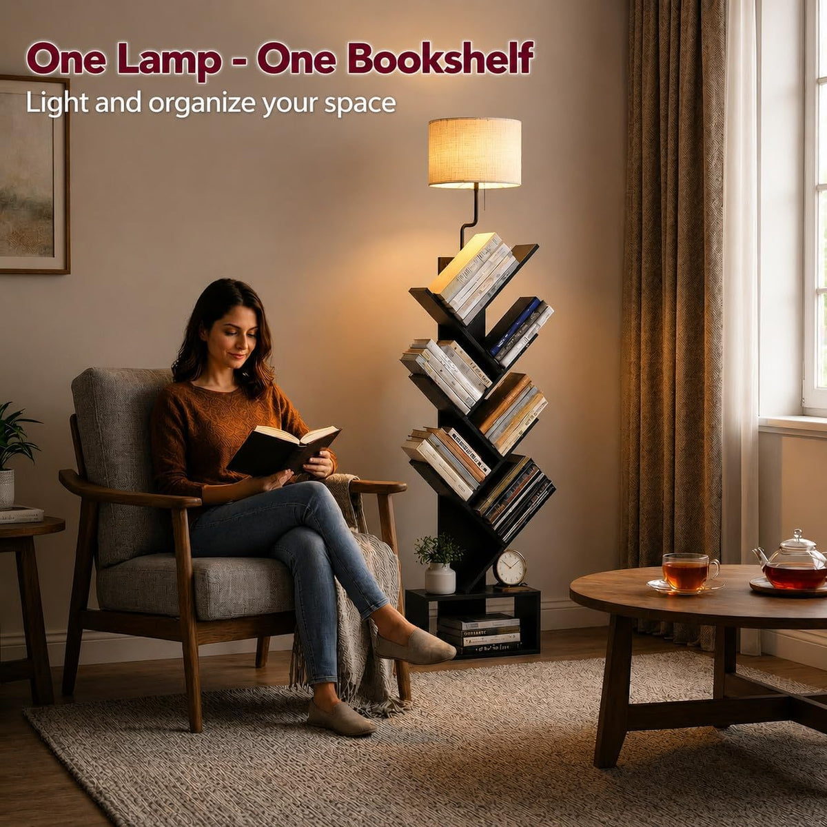 XBurmo 6 Tier Tree Bookshelf with Lights - Small Bookcase, Compact Book Tower with Drawer, Corner Bookshelf for Bedroom, Living Room and Home Office Storage, Black