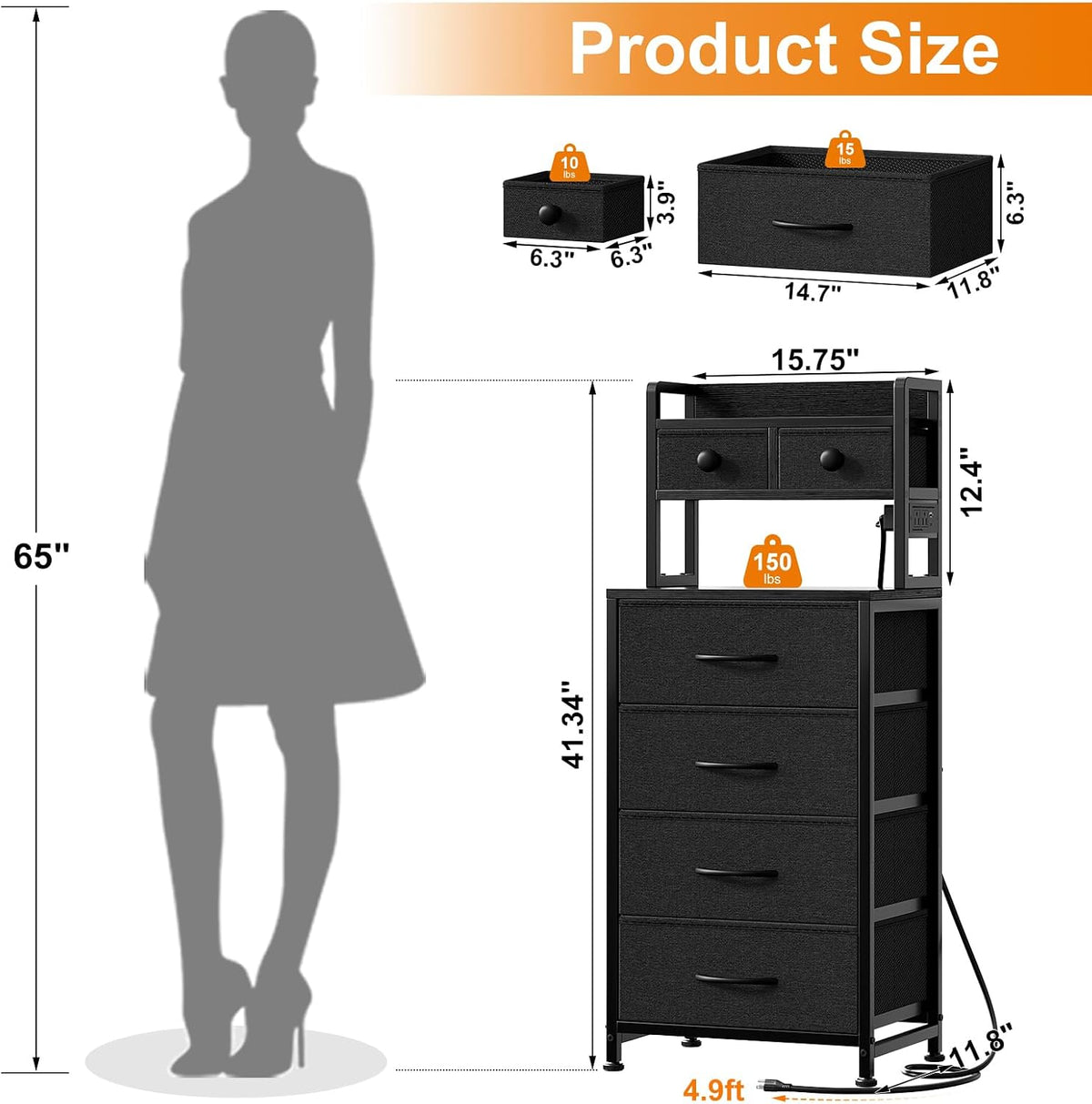 REAHOME 41 Inch LED Nightstand with Charging Station Dark Gray