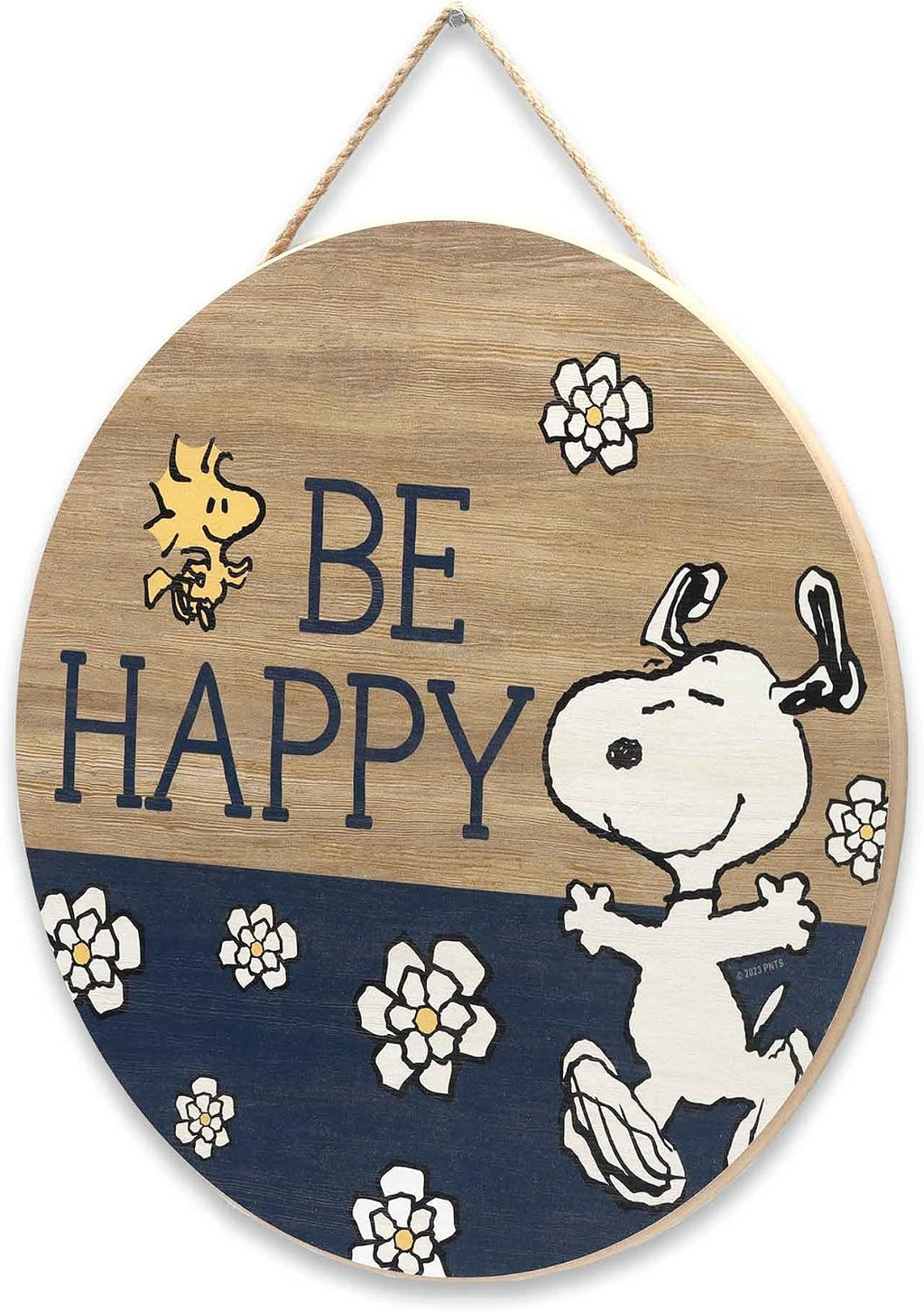 Peanuts Snoopy Be Happy Round Hanging Wood Wall Decor