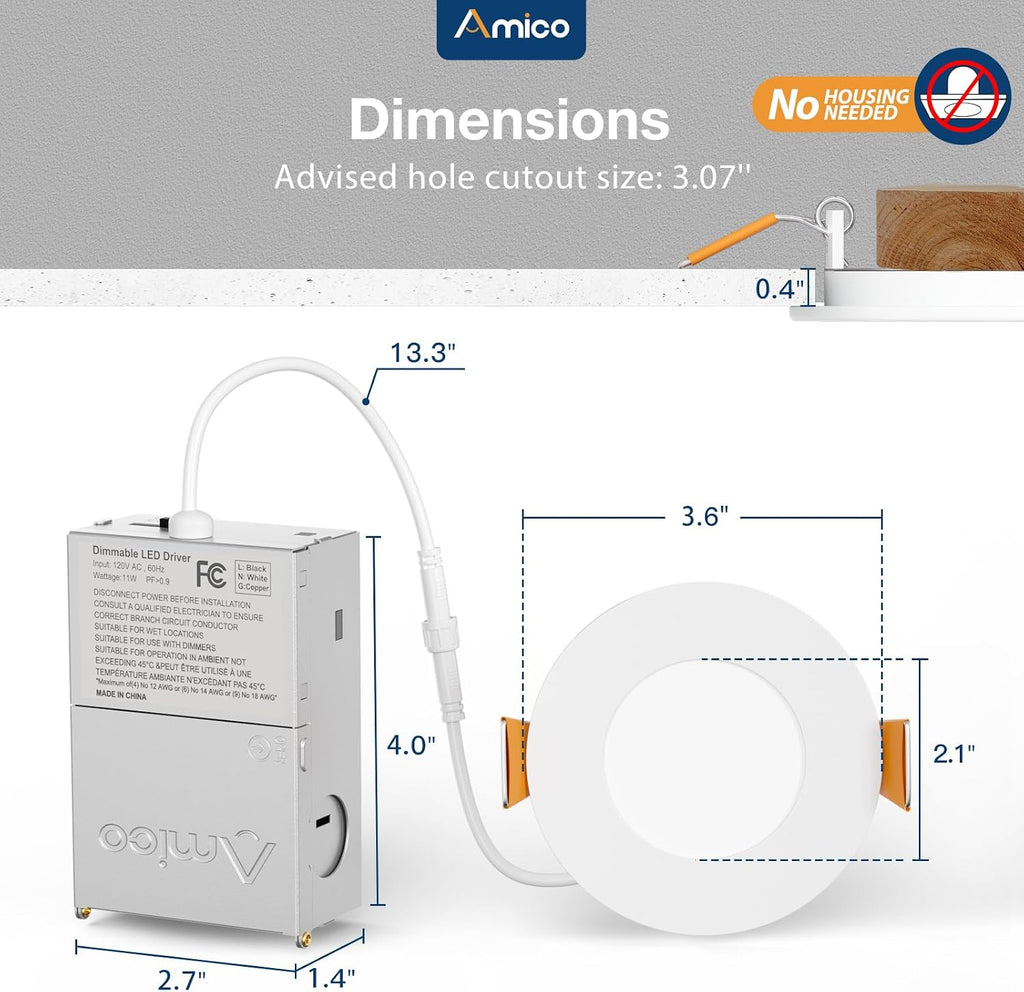 Amico 36 Pack 3 Inch LED Recessed Lighting, Canless Wafer Downlight, White