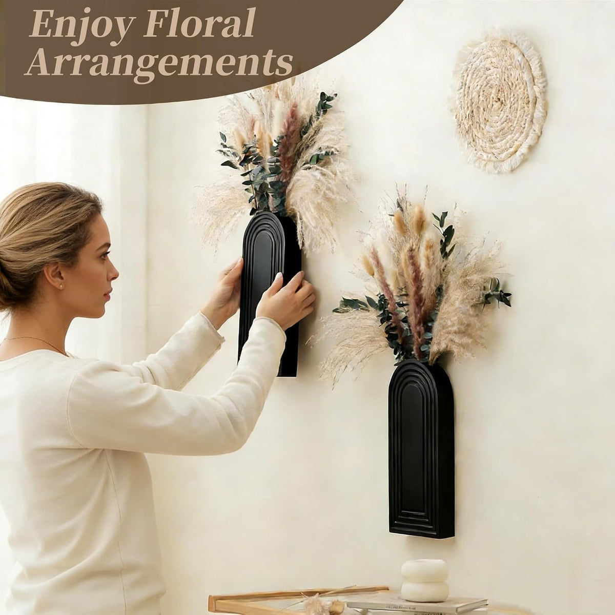 2 Pack Wooden Wall Vase Set with Pampas Grass Eucalyptus, Modern Farmhouse Boho Wall Decor for Living Room, Entryway, Hallway, Bathroom, Dining Room, Black Wall Art for Home Decoration
