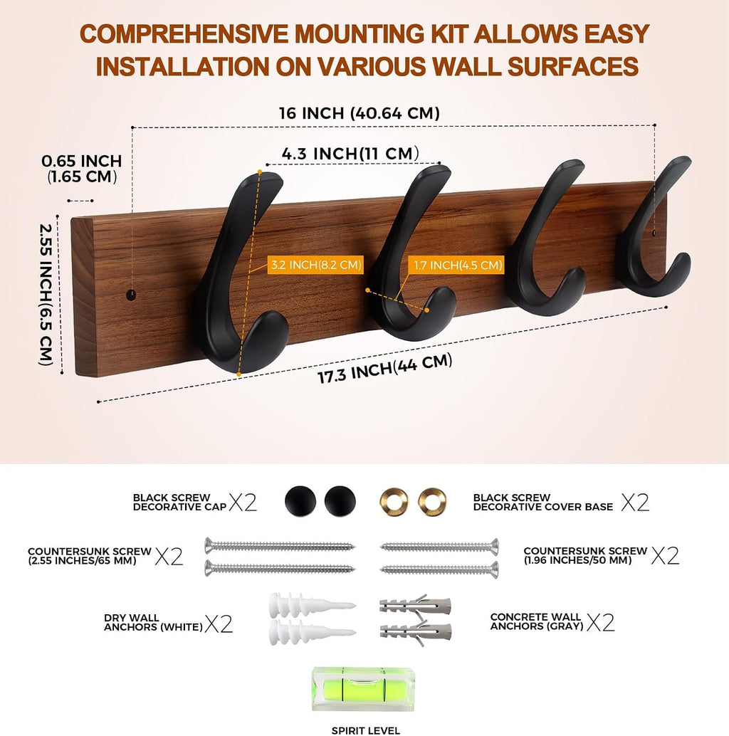 Wooden Coat Rack Wall Mount,Teak Solid Wood Coat Hanger with 4 Metal Hooks,16 inch Mounting Hole Spacing,Rustic Wall-Mounted Coat Racks for Towel,Hat,Key,Jacket,Clothes (1, Teak (Mixed Grain))