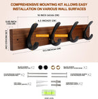 Wooden Coat Rack Wall Mount,Teak Solid Wood Coat Hanger with 4 Metal Hooks,16 inch Mounting Hole Spacing,Rustic Wall-Mounted Coat Racks for Towel,Hat,Key,Jacket,Clothes (1, Teak (Mixed Grain))