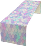 Mermaid Scales Table Runner Sea Theme Magic Blue Purple Pink Watercolor Scales Pattern Printed Linen Table Runner for Home Kitchen Dining Table Decoration,13x108 Inch