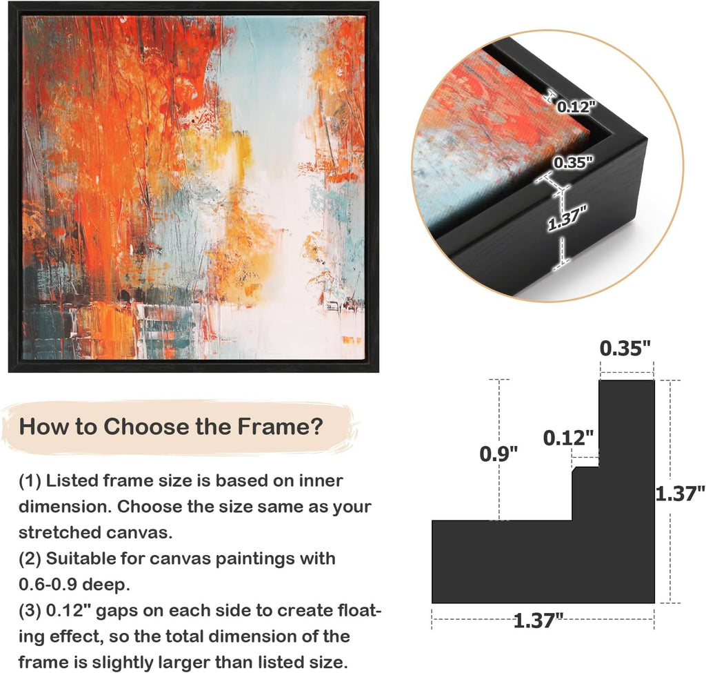 Floating Canvas Frame for 8x8 Inch Painting 0.6-0.8" Deep,Black