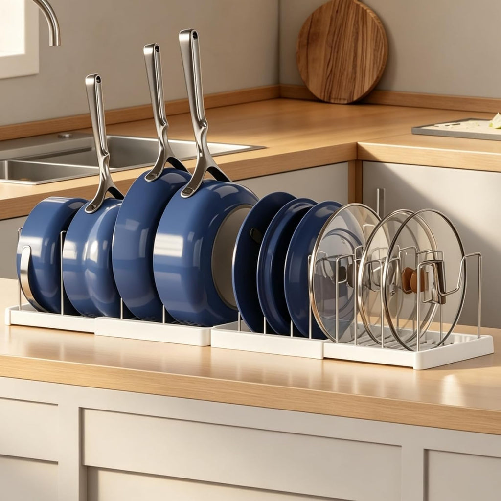 Magheo 2 Pack Expandable Food Storage Container Lid Organizers, 22" Pots and Pans Organizer Under Cabinet with 9 Adjustable Dividers Pot and Pan Lid Holders Rack Inside Cabinet(White)