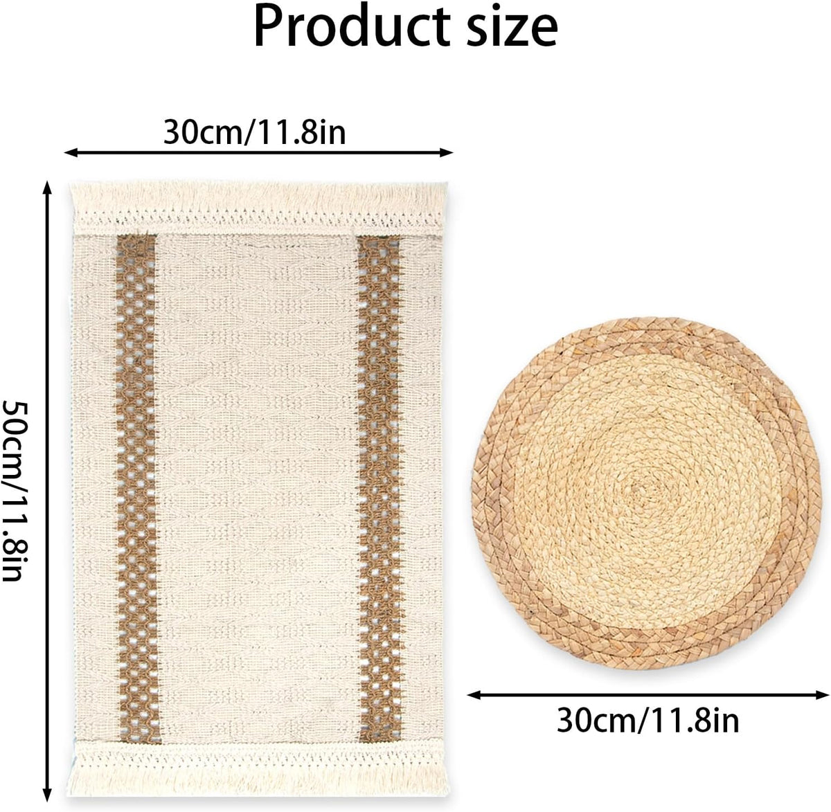 Boho Table Runner & 6-Piece Woven Placemats Set - Natural Cotton Burlap & Water Straw Combination, Bohemian Dining Decor for Kitchen & Parties