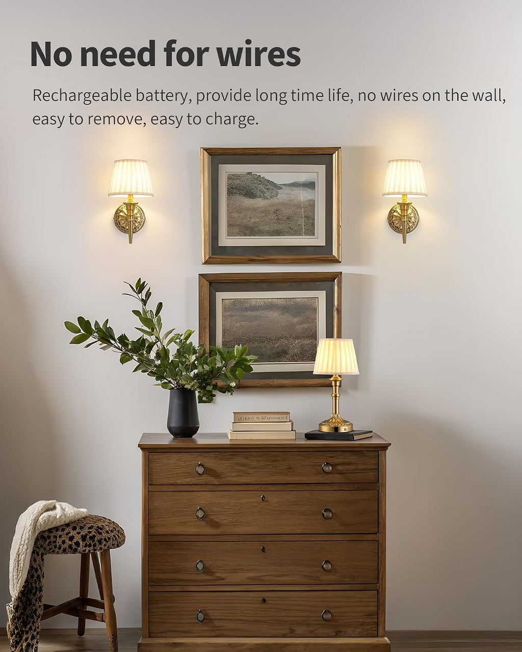 KDG Cordless Gold Wall Sconces Set of 2, Beige Fabric Lampshde Wall Lamps