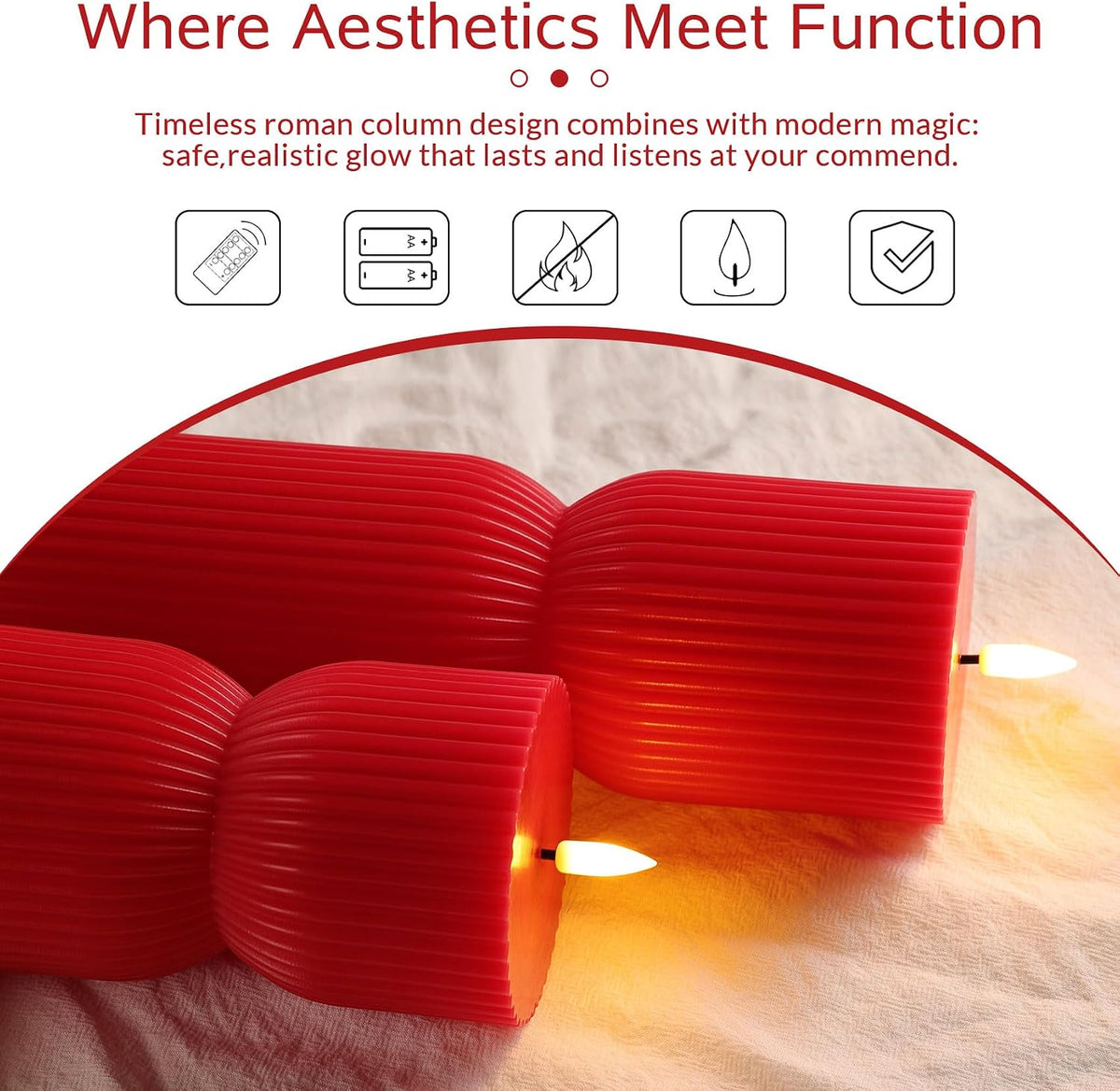 Red Christmas Ribbed Flameless Pillar Candles with Remote Set of 2