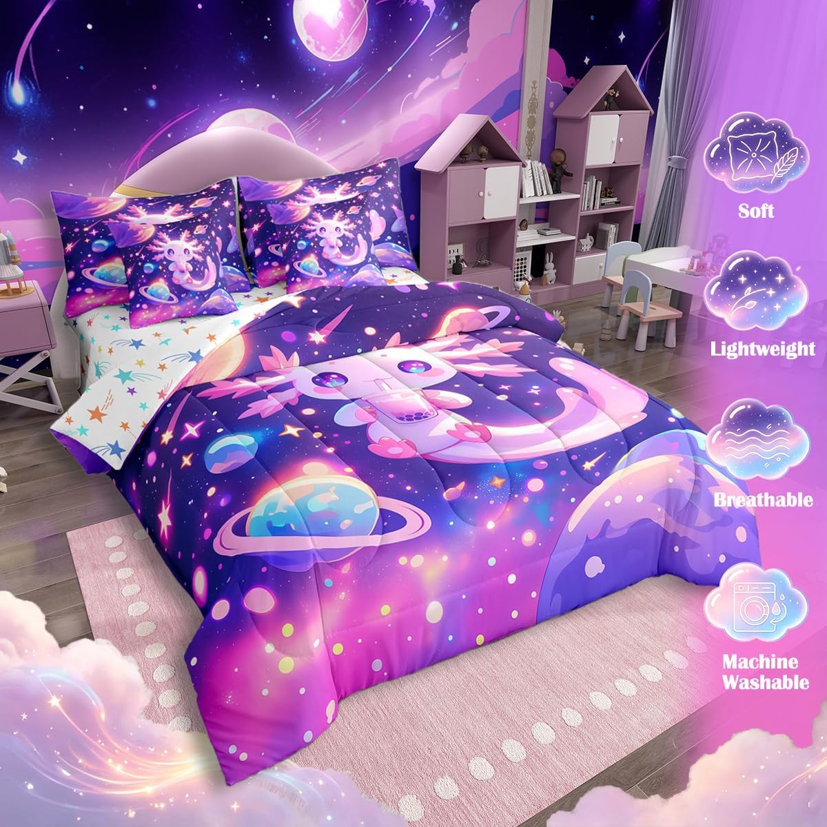 Feelyou Kids Cute Axolotl Comforter Set with Sheets Twin Size, Galaxy Planet Space 7 Pieces Bedding Set Boys Girls Cartoon Animal Bed in A Bag Dreamy Starry Teens Bed Set Bedroom Decor 7Pcs