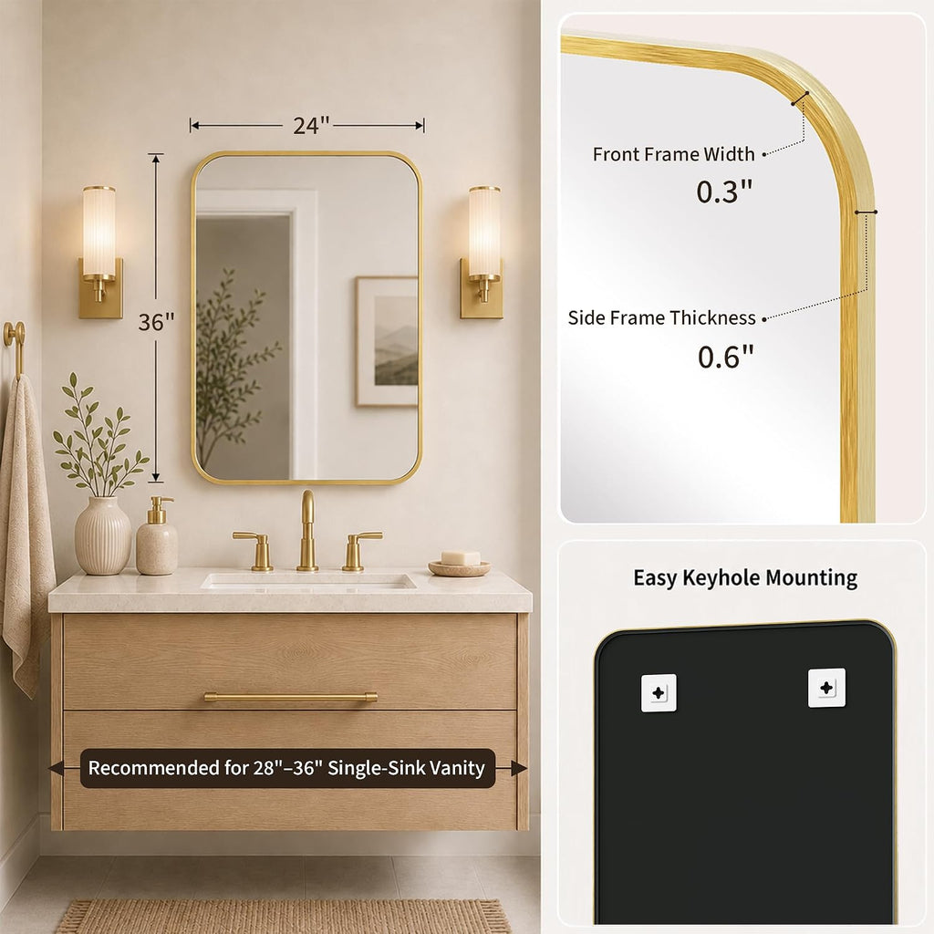 24x36 Inch Brushed Gold Rounded Rectangle Bathroom Vanity Mirror