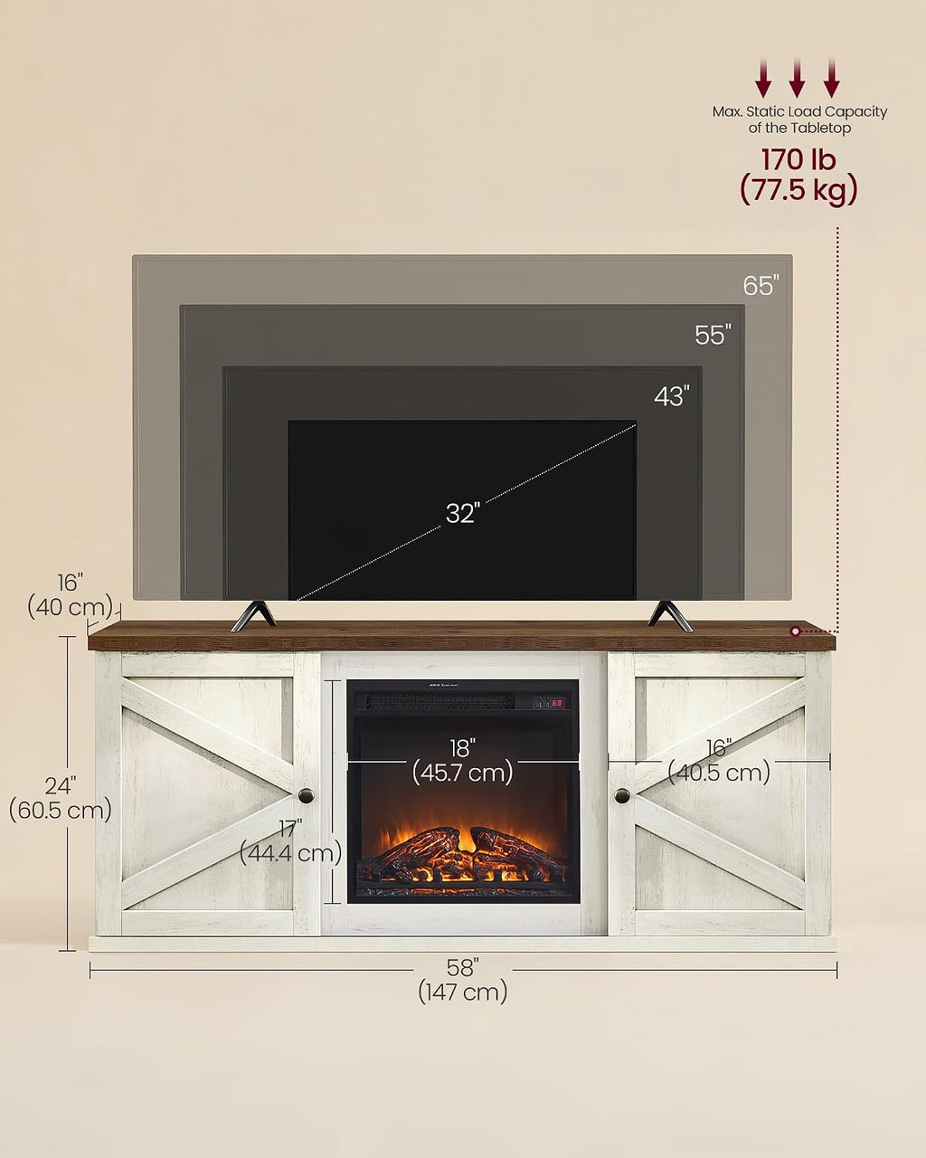 VASAGLE Fireplace TV Stand, Farmhouse Entertainment Center for 65'' TV