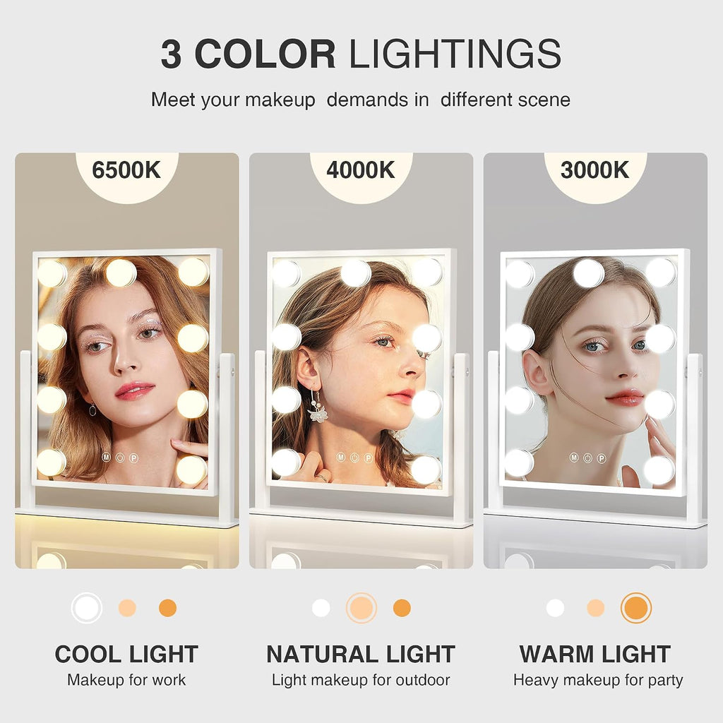 Makeup mirror with lights,Hollywood Vanity Mirror with 9 LED Bulbs，12" x 13.2" Plug in Makeup Mirror for Desk,Smart Touch Control 3Colors Dimmable, light up mirror for makeup,Bedroom,Tabletop,White