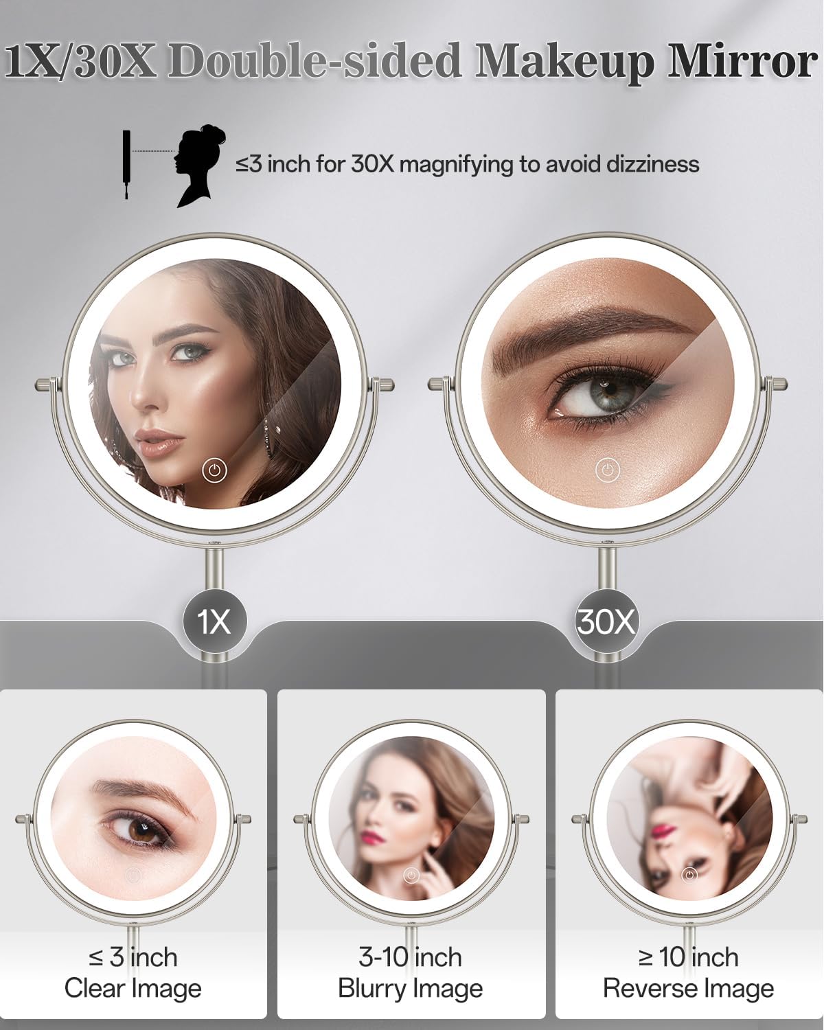 8" Lighted Makeup Mirror with Light,30X Magnifying Height Adjustable Mirror