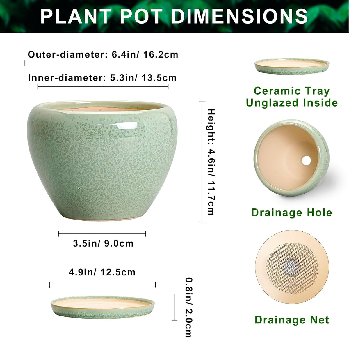 Ceramic Plant Pots 6 Inch, Ceramic Planter with Drainage, Green