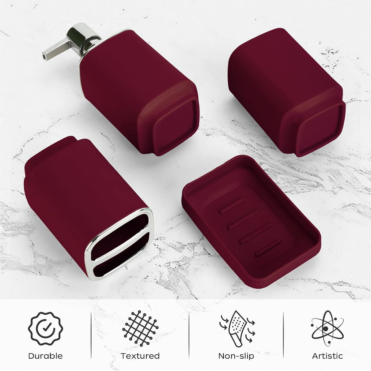 4Pcs Burgundy Bathroom Set, Square Boho Soap & Toothbrush Holder Set