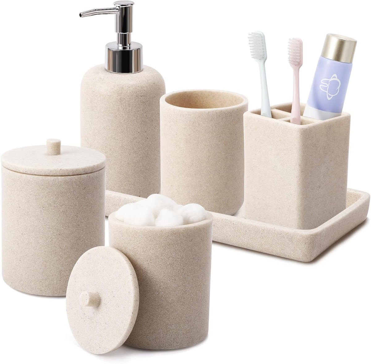 XLHOMO Resin Beige Bathroom Set, 6 Pcs Bath Decor and Accessories Sets