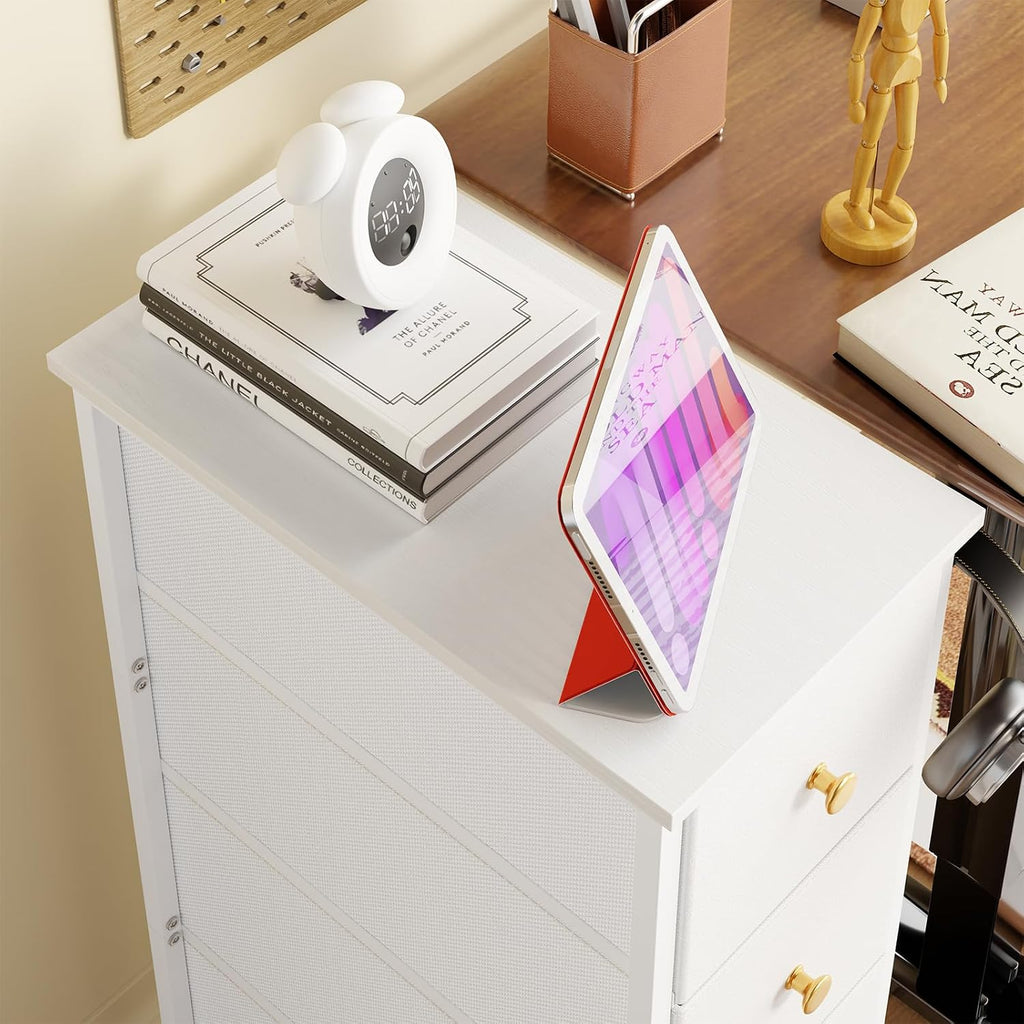 Fixwal Narrow Storage Cabinet, Slim Dresser with 4 Fabric Drawers, White