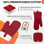 Oven Mitts Kitchen Towels and Dishcloths with Pot Holders Sets, Oven Gloves Hot Pads 500°F Heat Resistant with Silicone Grip, Include 2 Cooking Gloves/2 Potholders/4 Kitchen Towels/4 Dish Towels-Red