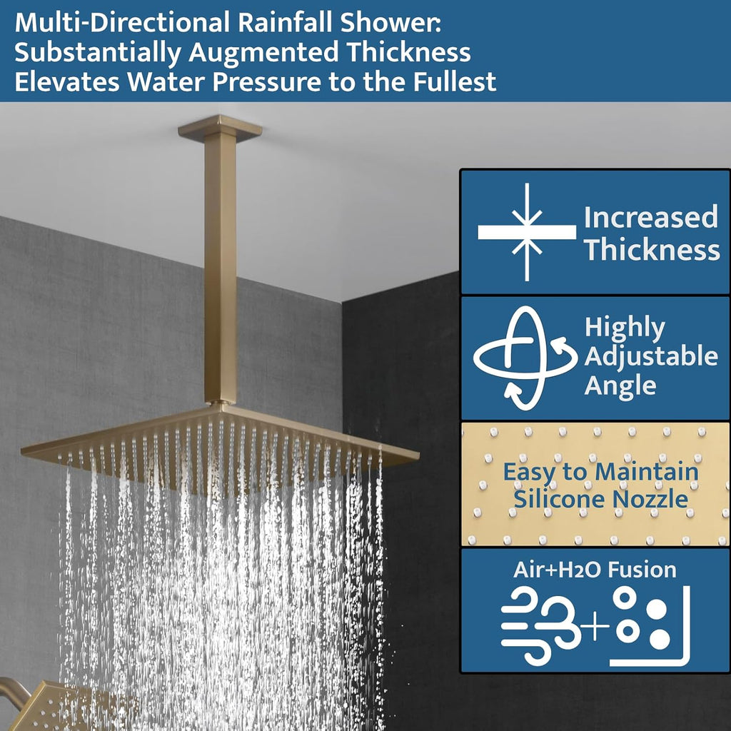 Thermostatic Shower System Brushed Gold, Push Button Diverter Shower Faucet with 2 in 1 Handheld, Ceiling Mount 12 Inch Shower Head with 6 Inch Wall Mount Shower Head