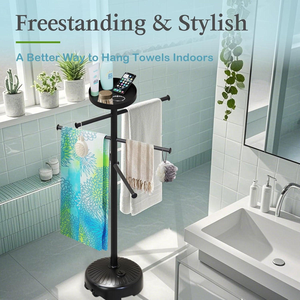 63 Inch Pool Towel Rack Outdoor with Built-in Tray and Wheels