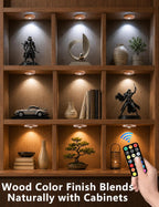 Puck lights with remote, 2000mAh rechargeable cabinet light, Under Cabinet Lighting Wireless, Display Cabinet, Dimmable Magnetic Stick-On Shelf , push lights battery operated，(Wood Color, 3 Pcs)