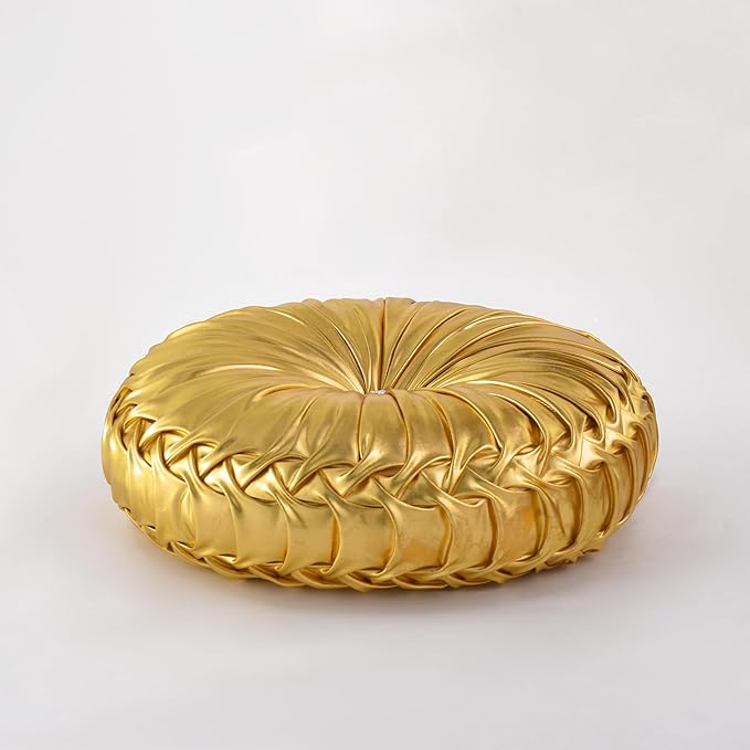 HIG Set of 2 Handcrafted Gold Ruched Round Throw Pillows – 14.5’’ Metallic - Image 6