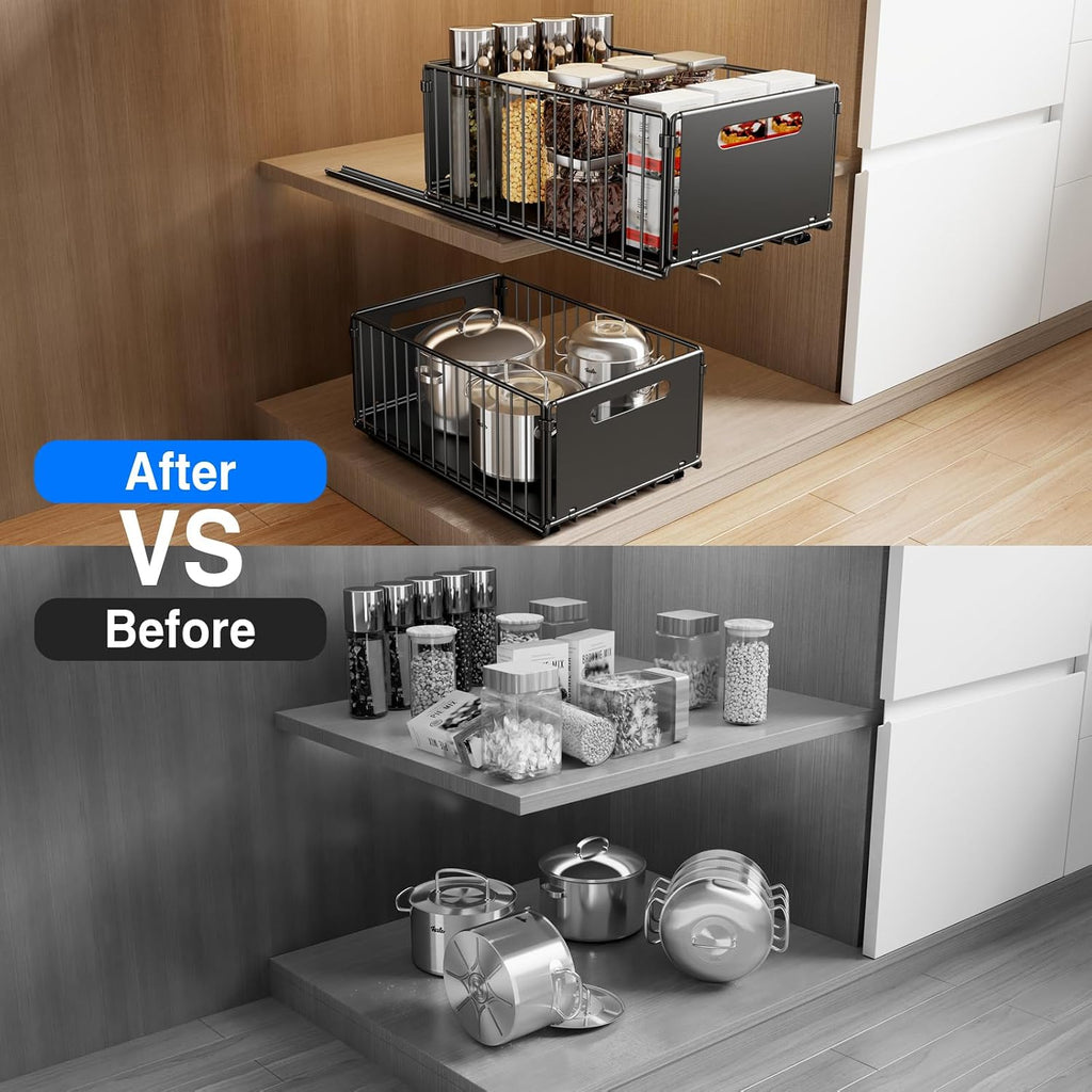 Mustorn 2 Pack Pull Out Cabinet Organizer, Slide Out Drawers for Cabinets, Peel and Stick, Heavy Duty Shelves for Kitchen, Cupboard, Pantry, Bathroom (14.76" D*9.65" W*7.87" H-Black)