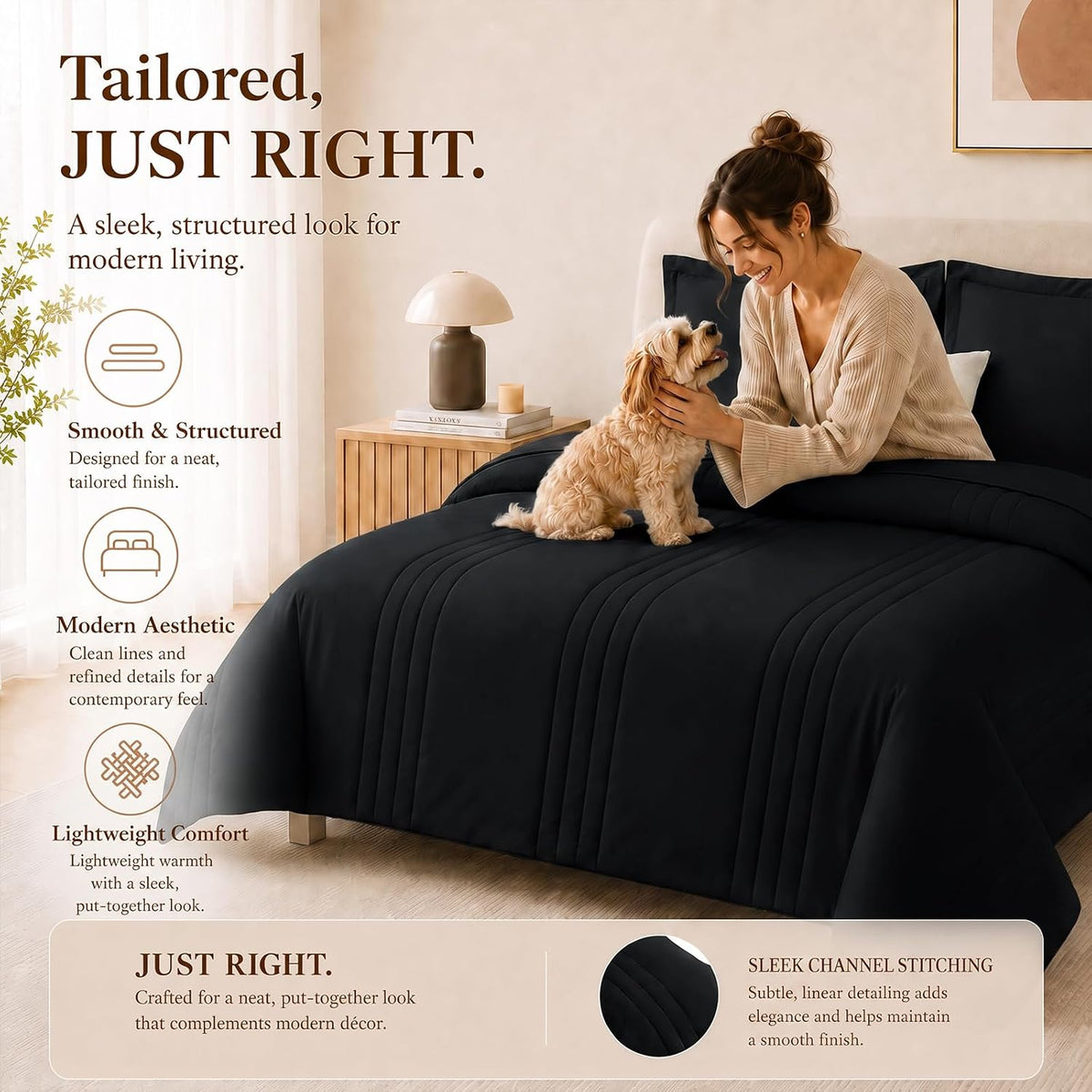 CozyLux Queen Comforter Set Black - 7 Pieces Vertical Quilted Bed in a Bag