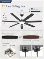 Fanbulous 72 Inch Large Ceiling Fans with Lights,Remote Control&3 Rods