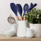 Non-Stick Silicone Kitchen Utensils Set with Natural Acacia Hard Wood Handle, 5 Piece, Midnight Blue, BPA Free, Baking & Serving Silicone Cooking Utensils